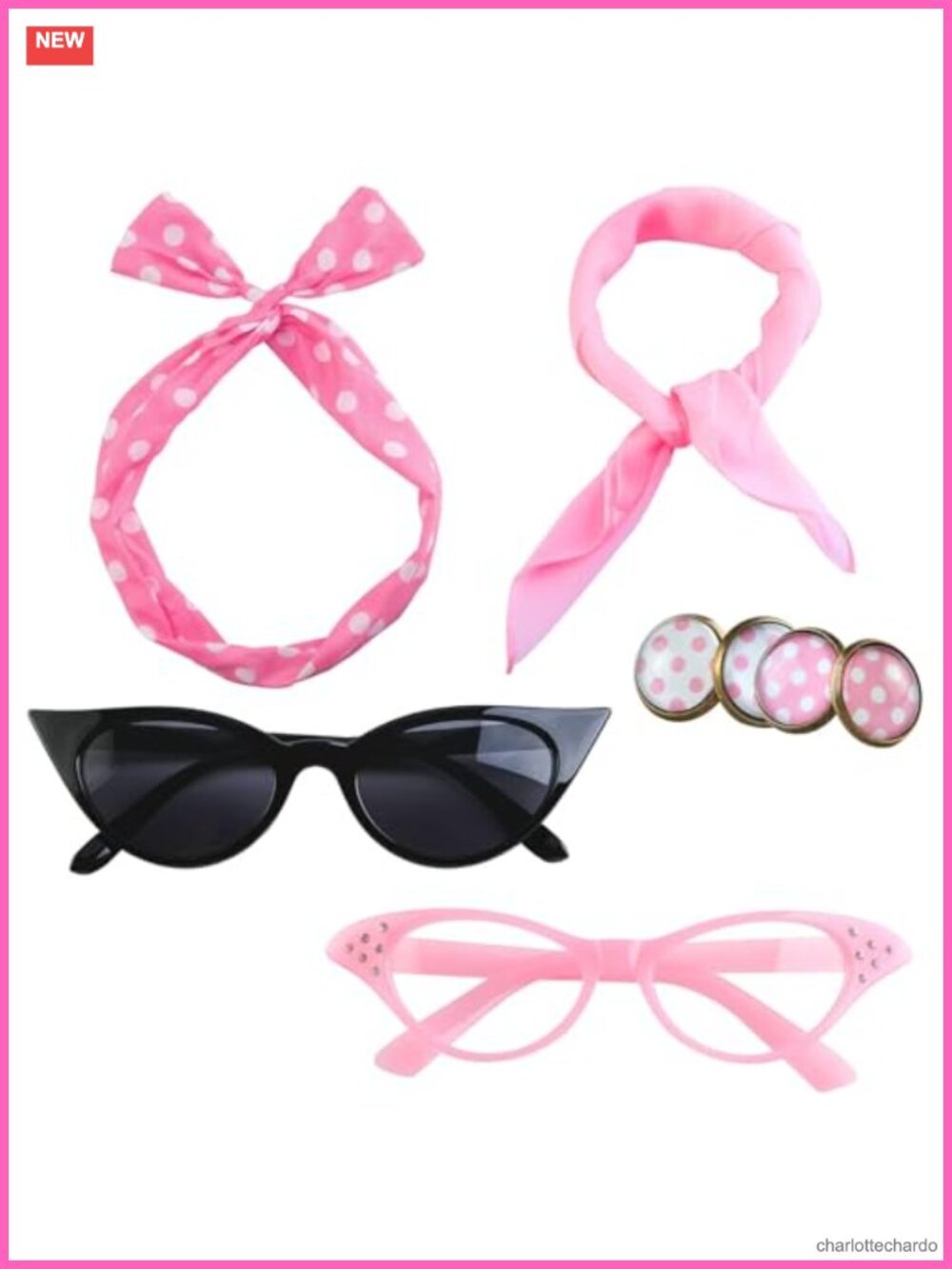 6 Pack 50s Costume Accessories Set Cat Eye Glasses Chiffon Scarf Headband